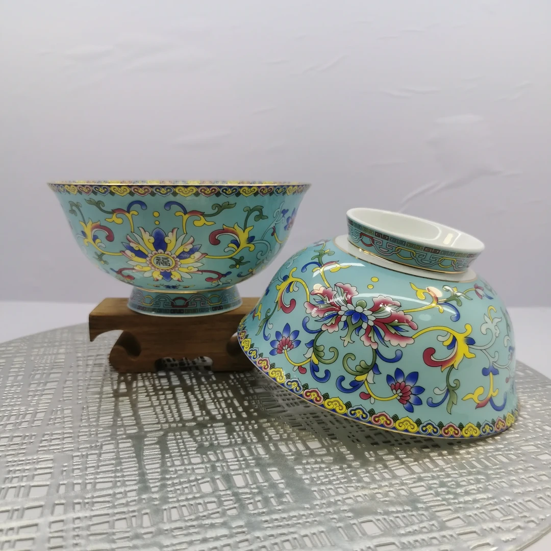 唐山珐琅彩骨瓷缠枝莲碗日常餐具面碗6英寸