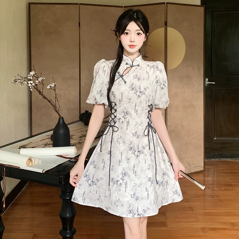 大码新中式改良国风水墨画连衣裙女夏新款显瘦设计感气质时尚短裙
