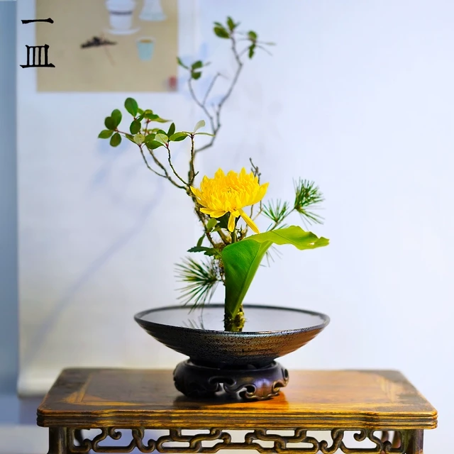 剑山插花器陶瓷三足盘盆日式小原流花道花器中式禅意花艺底座器皿