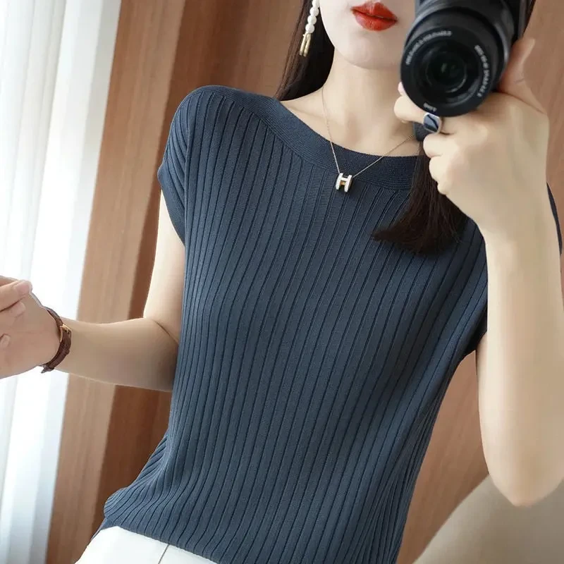 【正品】曲珠冰丝夏季女款针织衫T恤女一字领套头宽松上衣背心夏417