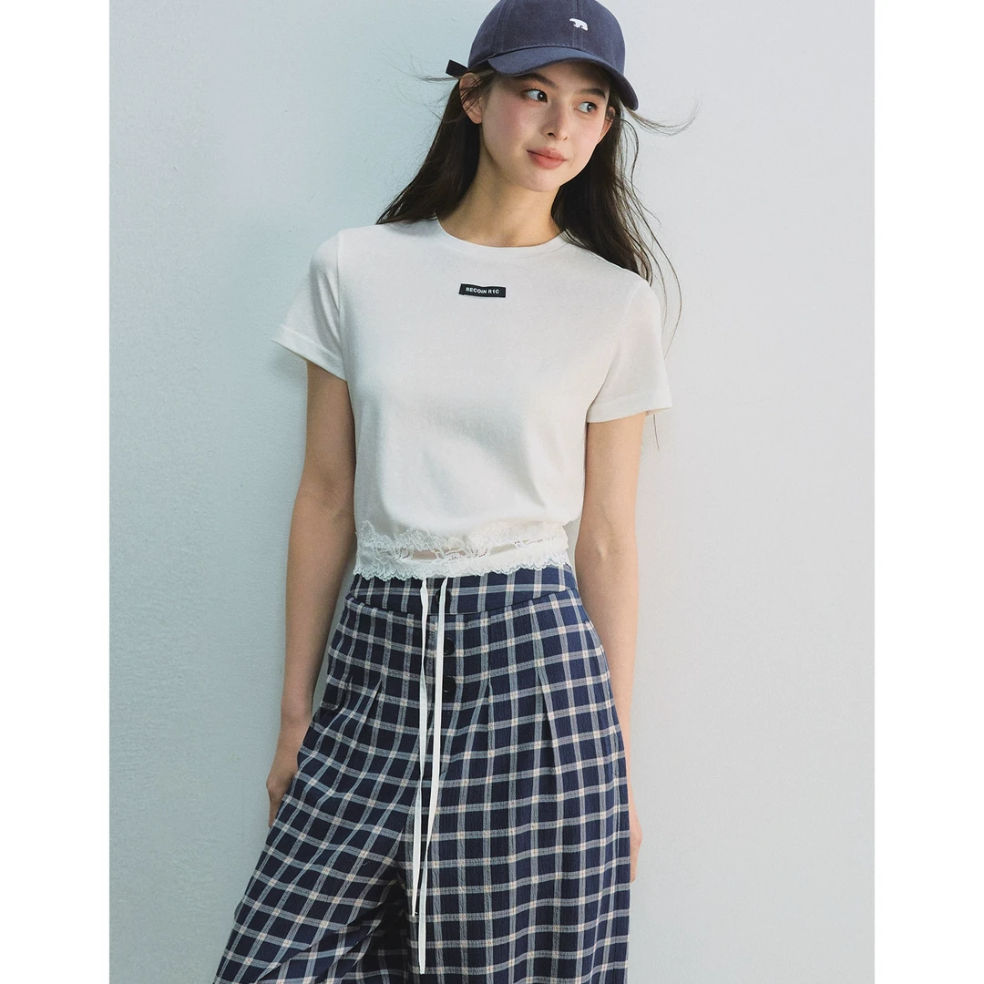 【RECOIN R1C】莱赛尔天丝混纺蕾丝拼接字母T恤女夏季