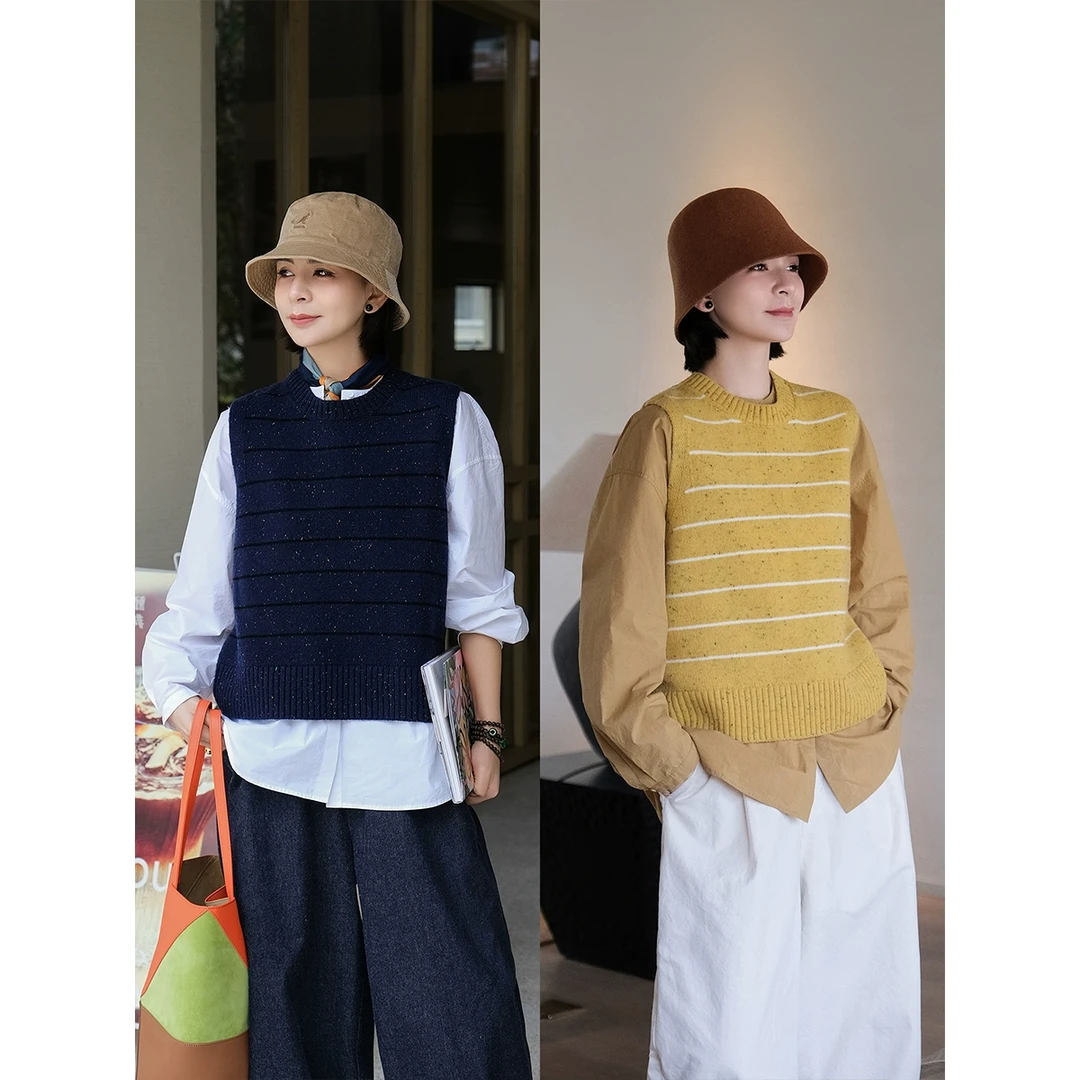 麻霖原创设计绵羊毛混纺花式点子纱小圆领条纹无袖百搭针织背心