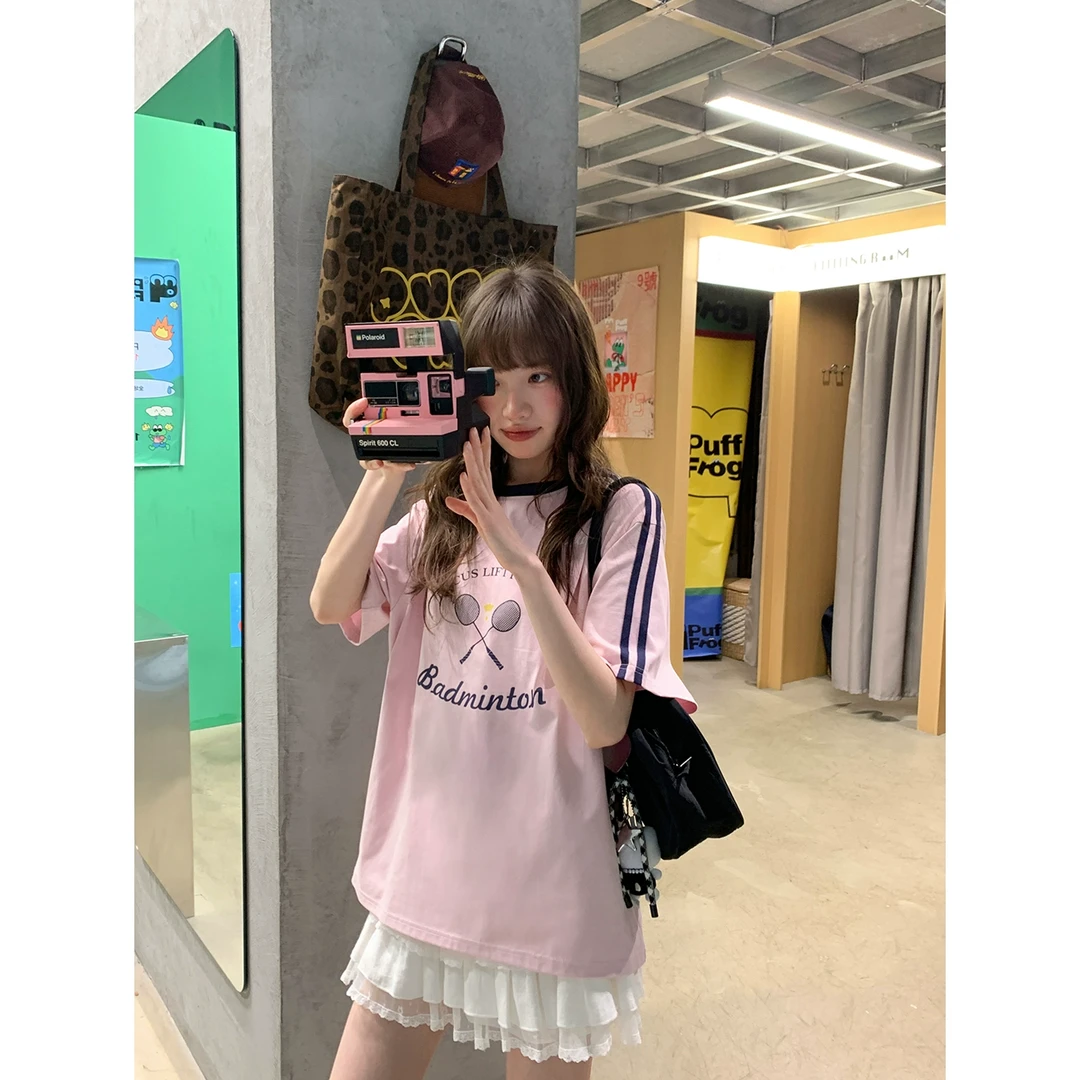 你好卡农 美式撞色织带运动风印花t恤女夏新款宽松显瘦设计感上衣