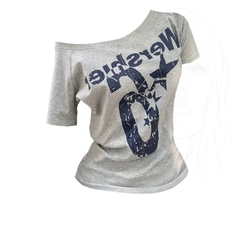 美式复古斜肩印花短袖T恤女夏季新款修身辣妹风短款一字肩洋上衣