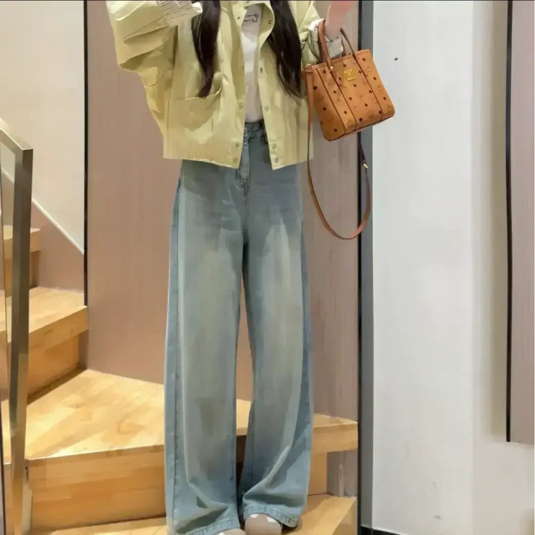 2025春季新款阔腿牛仔裤女高腰宽松显瘦小个子拖地窄版直筒裤