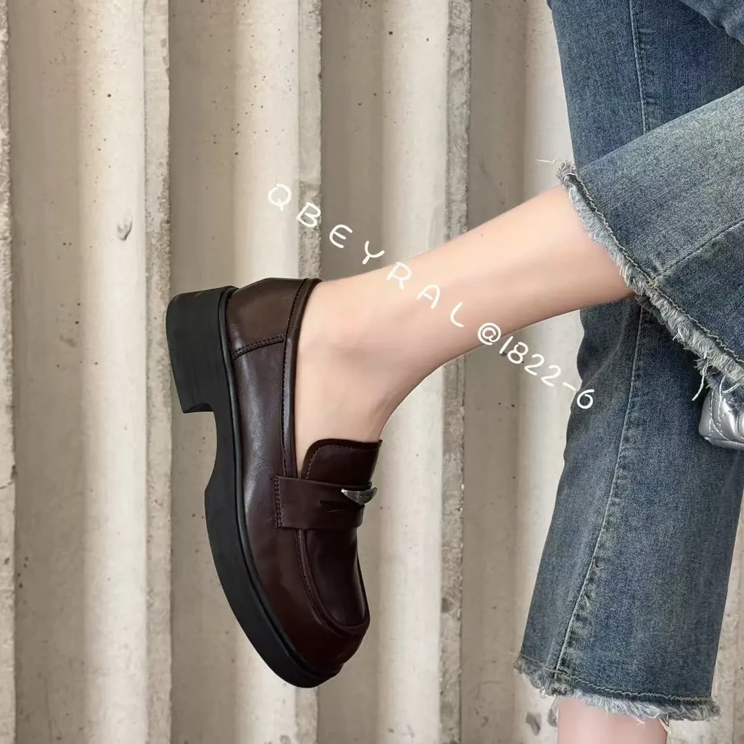 一脚蹬厚款秋季修面皮薄款乐福鞋单鞋舒适春季粗跟