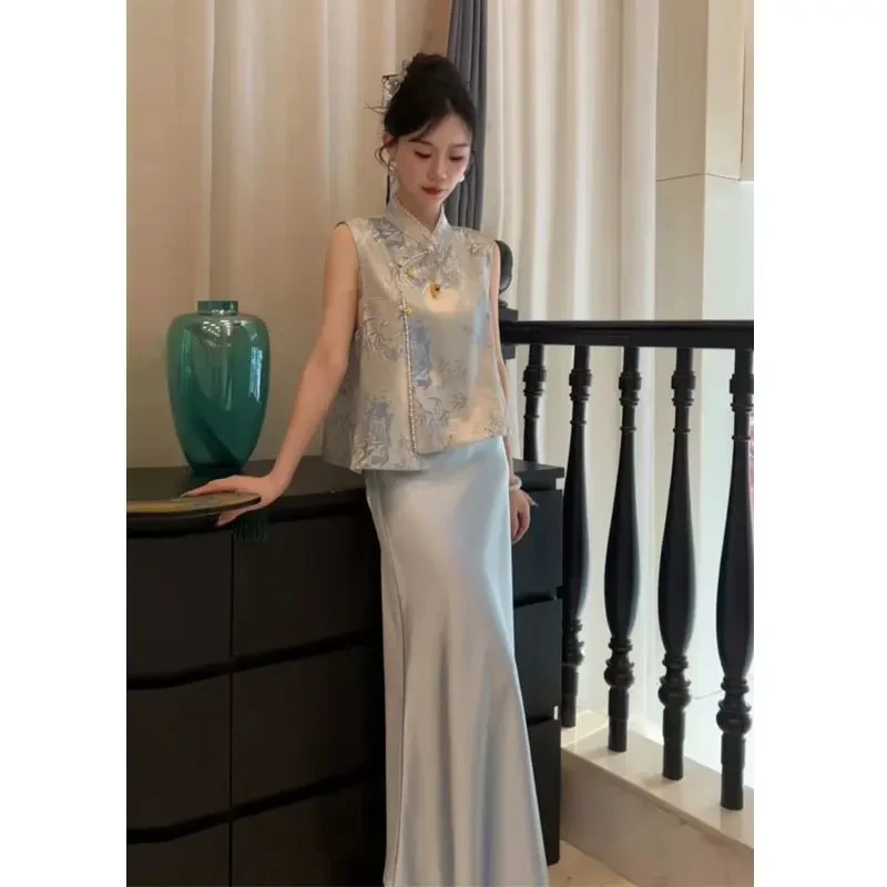 高品质温柔气质新中式套装夏季新款钉珠提花无袖上衣半身裙两件套