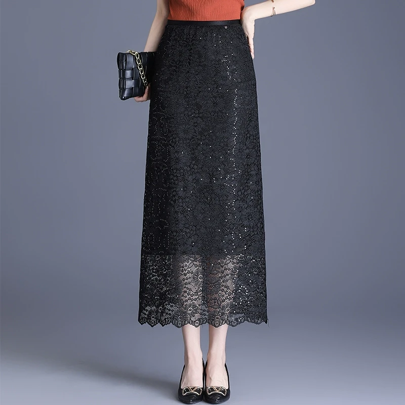 黑色蕾丝半身裙女2025春季新款高腰显瘦松紧腰垂感直筒开叉包臀裙