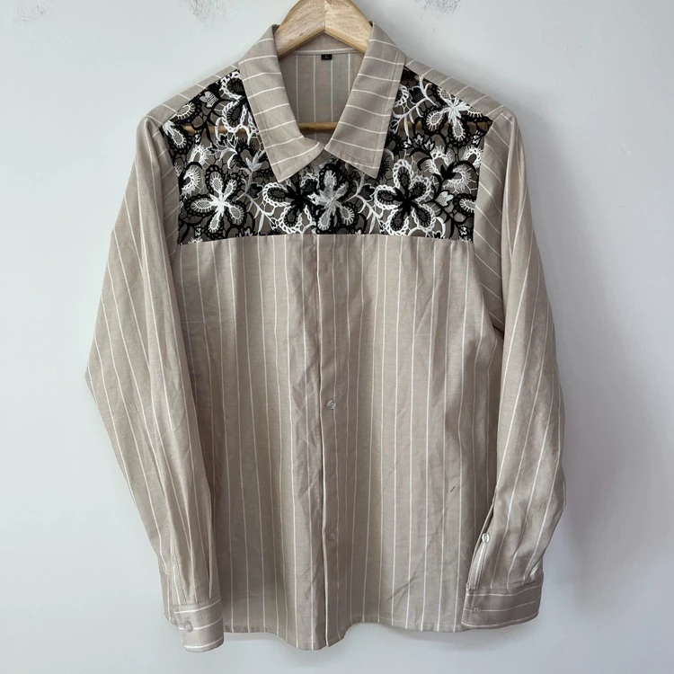黑白重工刺绣镂空条纹浅卡其色拼接原创设计师男装衬衫