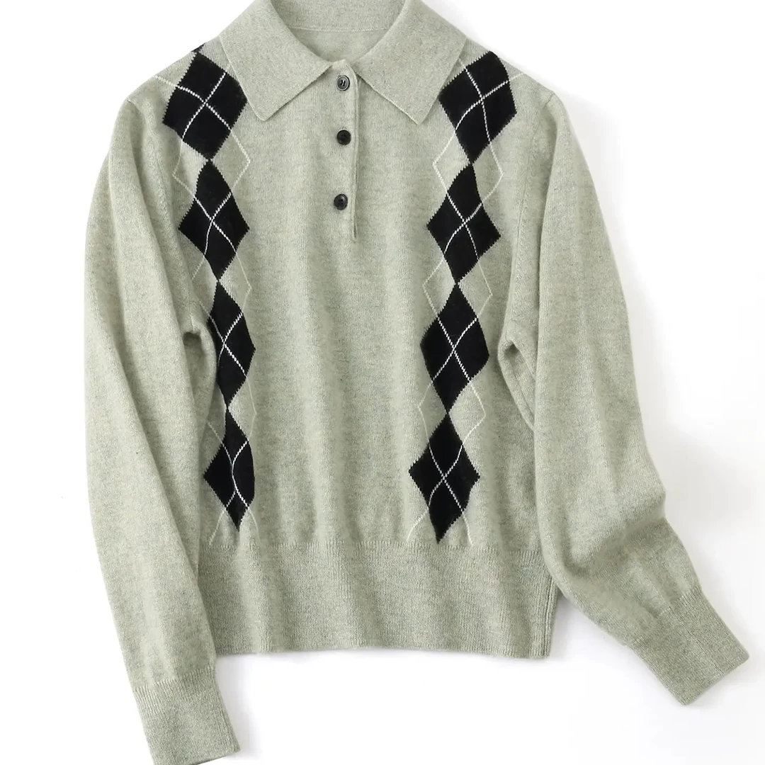 【100绒】学院风菱形格POLO领羊绒套头毛衣休闲百搭网红格纹