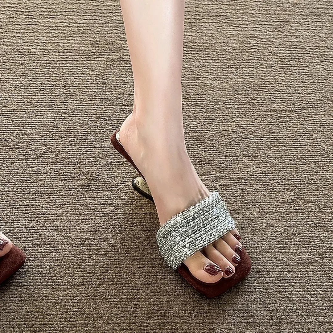 一字带凉鞋拖鞋女鞋外穿2025新款方头水钻百搭气质高跟凉拖鞋子