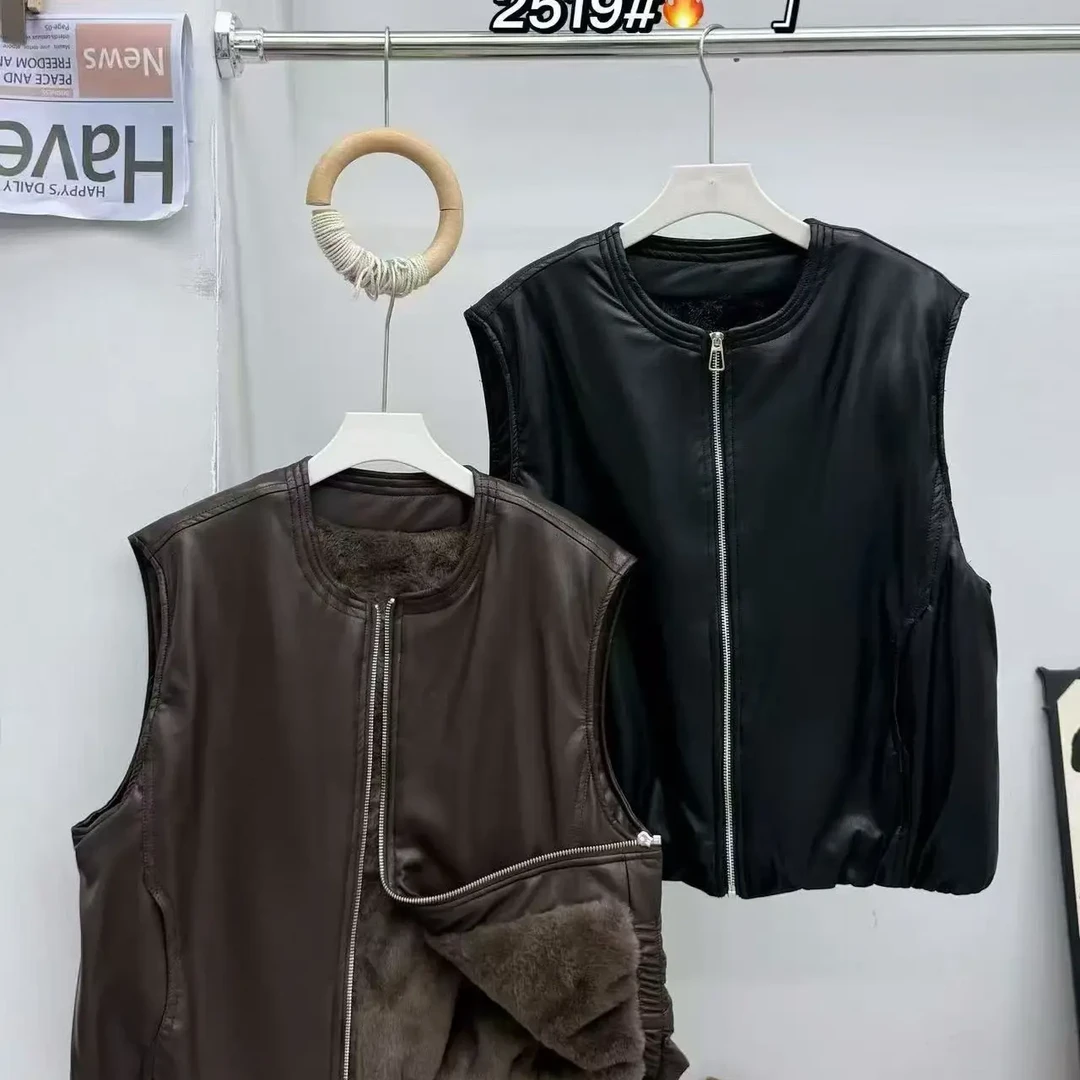 2519新款休闲时尚加绒皮马甲