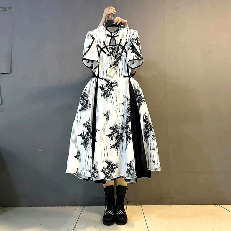 大码时尚夏季遮肚子显瘦气质法式中国风改良旗袍胖妹妹汉服连衣裙