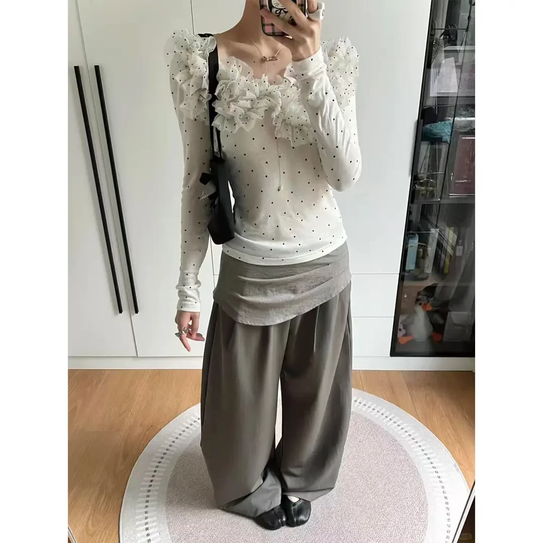 波点洋气上衣T恤小衫弯刀裤打褶挡胯香蕉裤直筒阔腿长裤秋季新款
