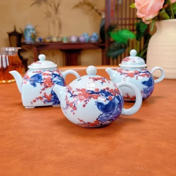 景德镇手绘青花釉里红花鸟茶壶中式复古功夫茶具单壶