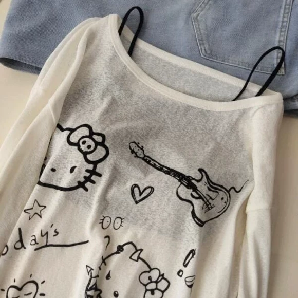 可爱卡通kt猫印花长袖T恤女夏薄款防晒罩衫宽松大码300斤胖mm上衣