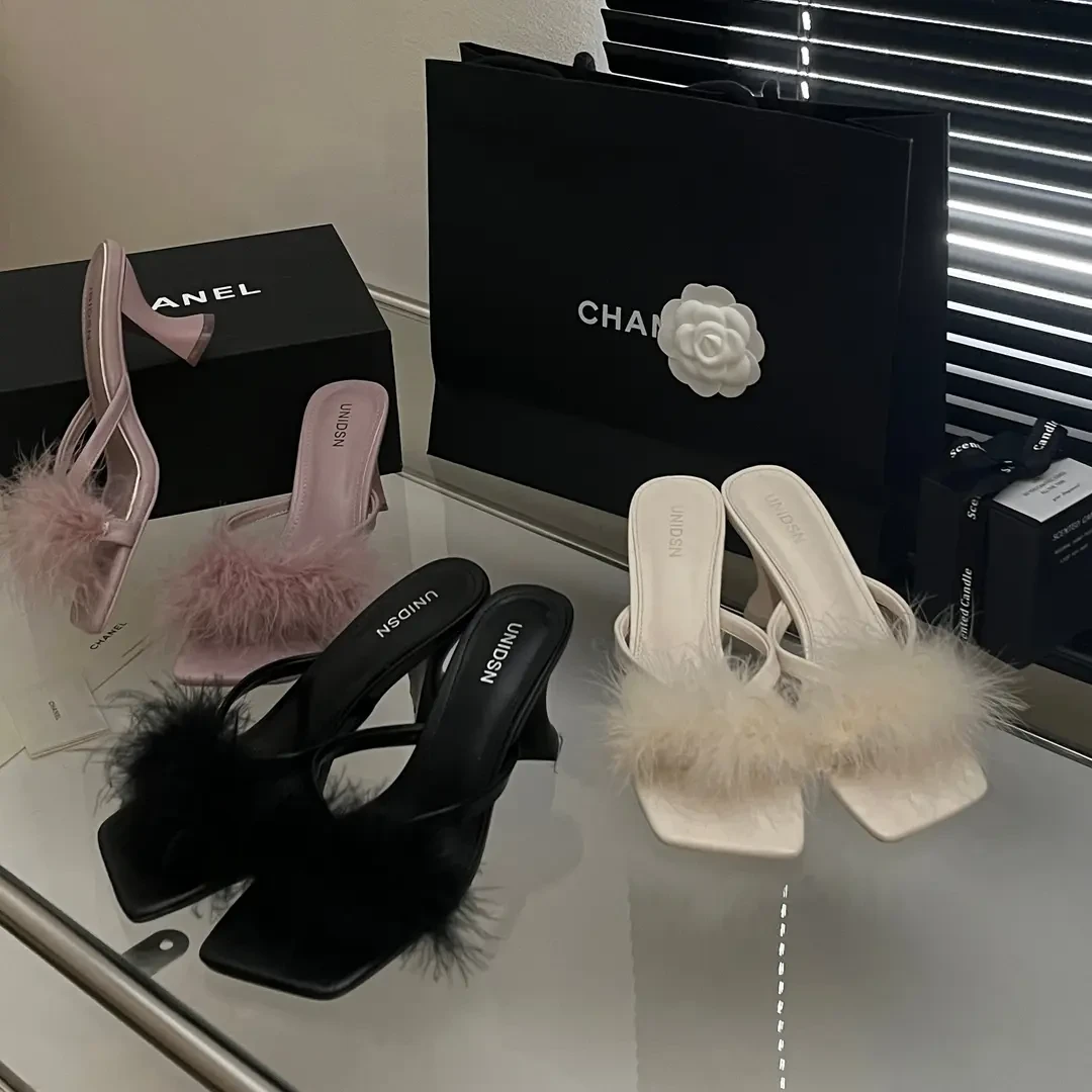 E网红外出毛毛高跟女外穿夏不累脚百搭女鞋粗跟小众凉拖百搭凉鞋k