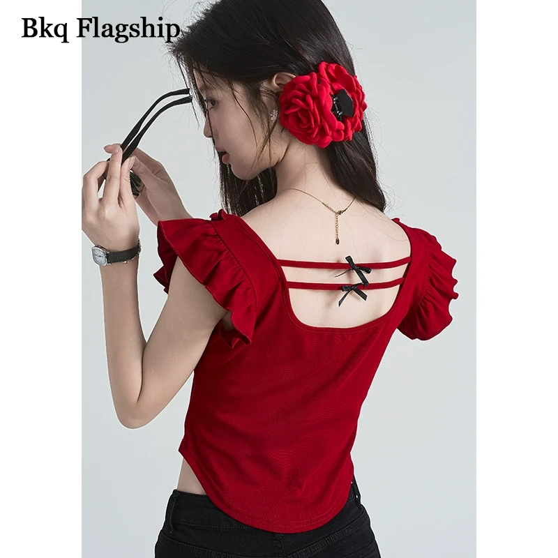 红色木耳边小飞袖方领短袖T恤女2025夏季新小众修身辣妹短款上衣