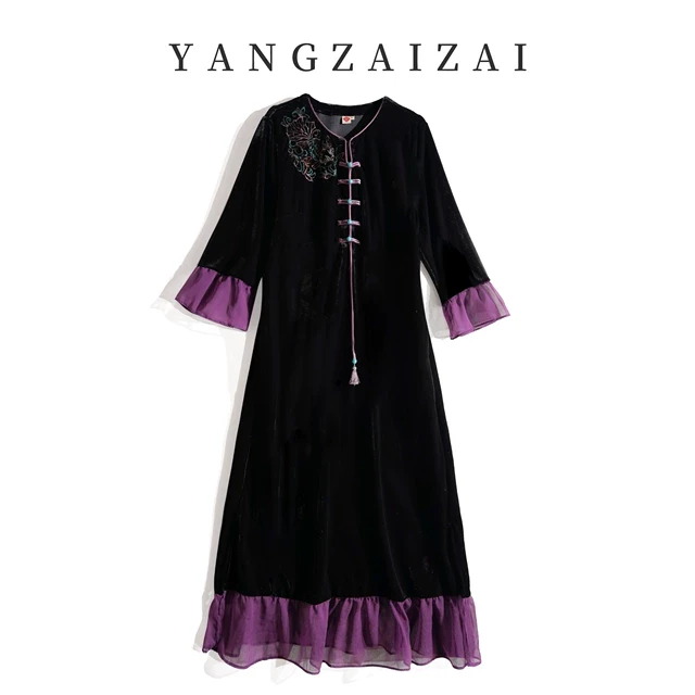 羊在在【锦鲤戏珠】新中式改良旗袍民族风刺绣连衣裙L24XL90245