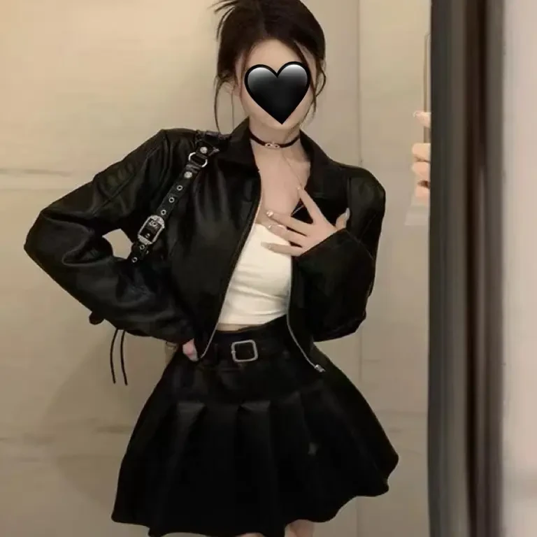 【丸子家】大码A飒皮衣+百褶皮裙套装（无腰带）8727