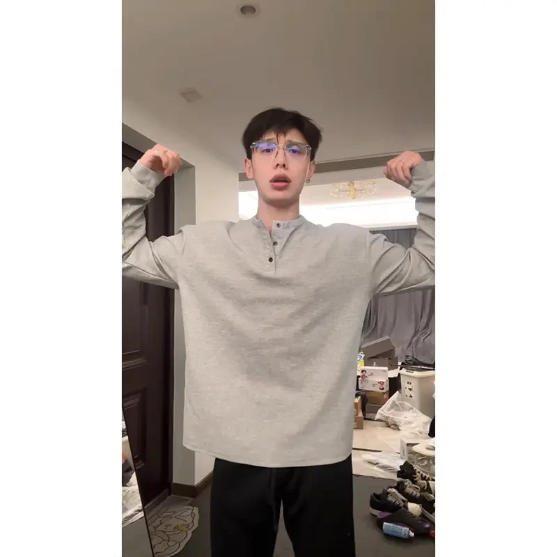 斌子同款亨利领长袖T恤男秋冬美式复古加绒卫衣polo领内搭打底衫