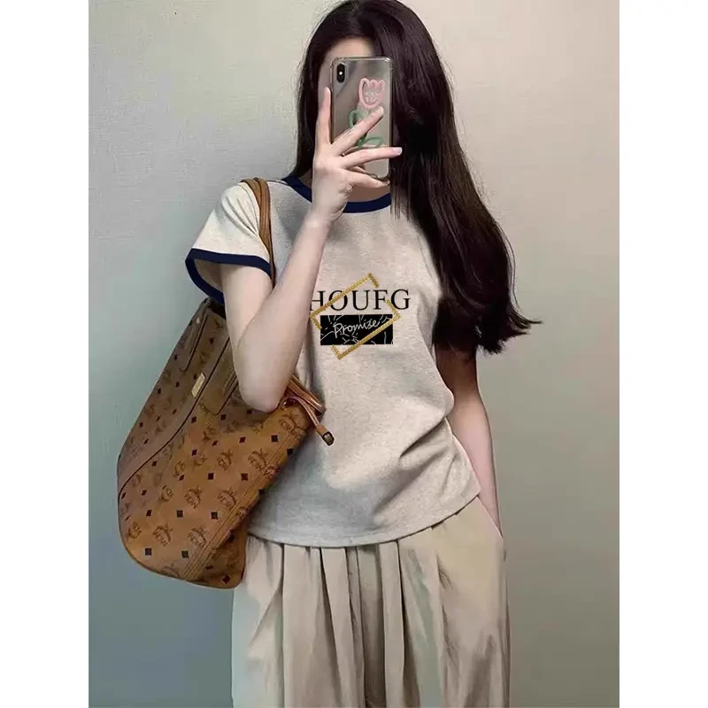 2025火爆拼色正肩圆领短袖t恤女小众设计感可外穿百搭上衣打底衫