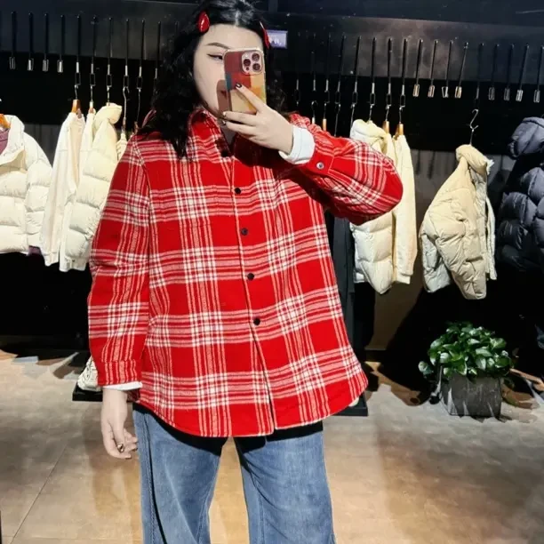 大码红色格子秋冬夹棉长袖衬衫小众Polo领夹克