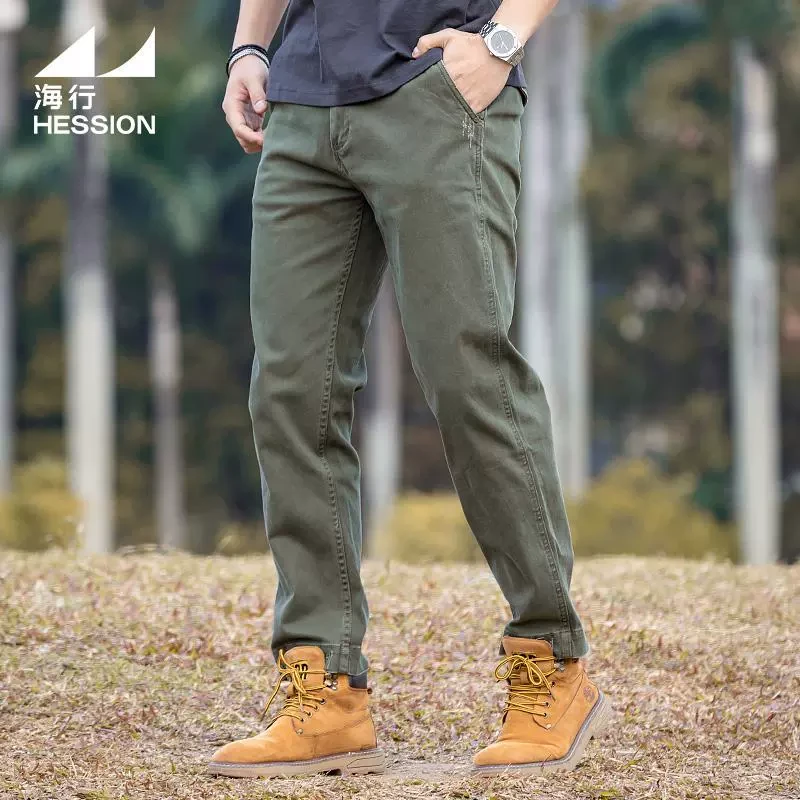 海行军绿色重磅纯棉百搭直筒休闲裤男春秋美式复古弹力修身长裤