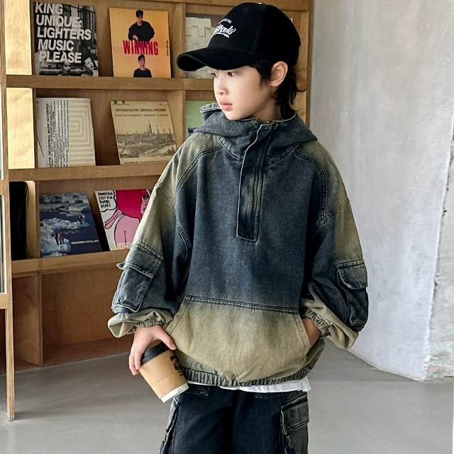 男童牛仔卫衣外套春秋款2025新款儿童潮酷上衣春季潮男孩渐变衣服