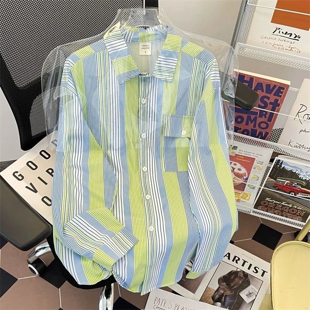 蓝白条纹长袖衬衫男春秋季日系潮牌宽松休闲百搭情侣防晒衬衣外套