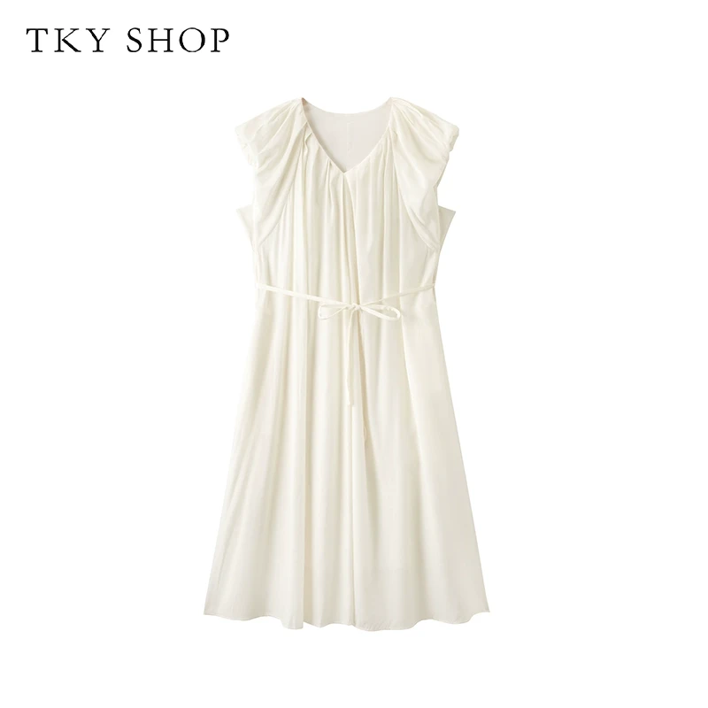 TKYSHOP夏季减龄优雅时尚V领系带无袖白色中长连衣裙10H1YA06H262