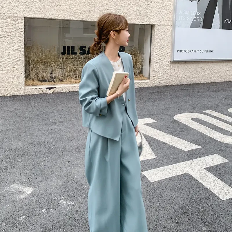 蓝色西装套装女春季2025新款高级感西服阔腿裤气质通勤时尚两件套