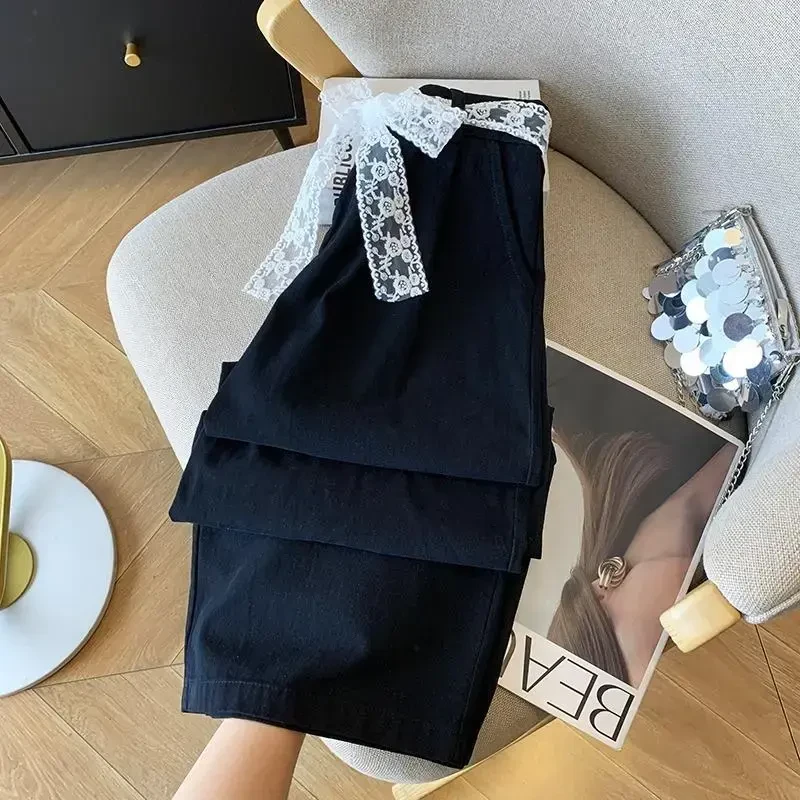 蕾丝腰带小众设计感休闲裤女春夏新款后松紧腰显瘦宽松直筒阔腿裤
