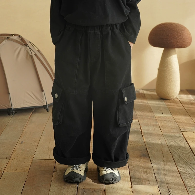 砚台家童装儿童韩版工装裤2025春款男童痞帅长裤中小童黑色休闲裤