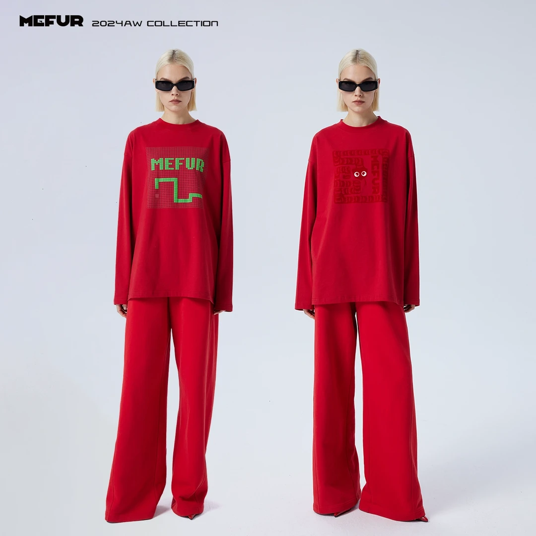 MEFUR 新年系列植绒剪纸长袖T恤新款宽松百搭贪吃蛇长袖上衣女