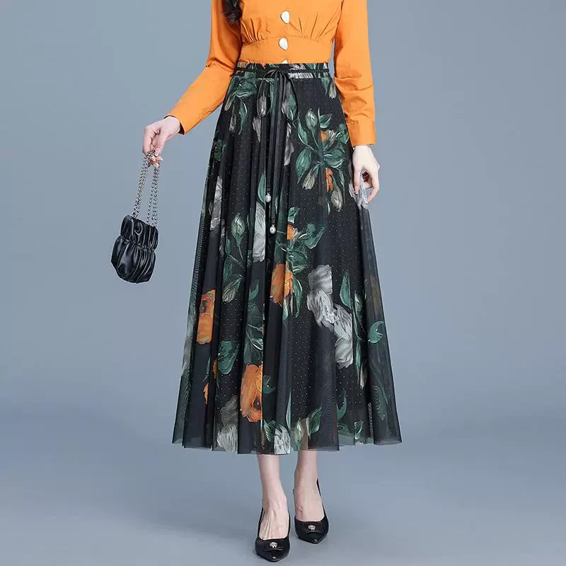 印花网纱裙半身裙女春季2025新款高腰显瘦时尚烫钻a字大摆中长裙