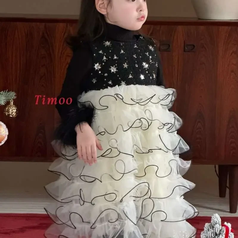 Timoo-正品25冬季女童加绒公主裙拜年服保暖连衣纱裙