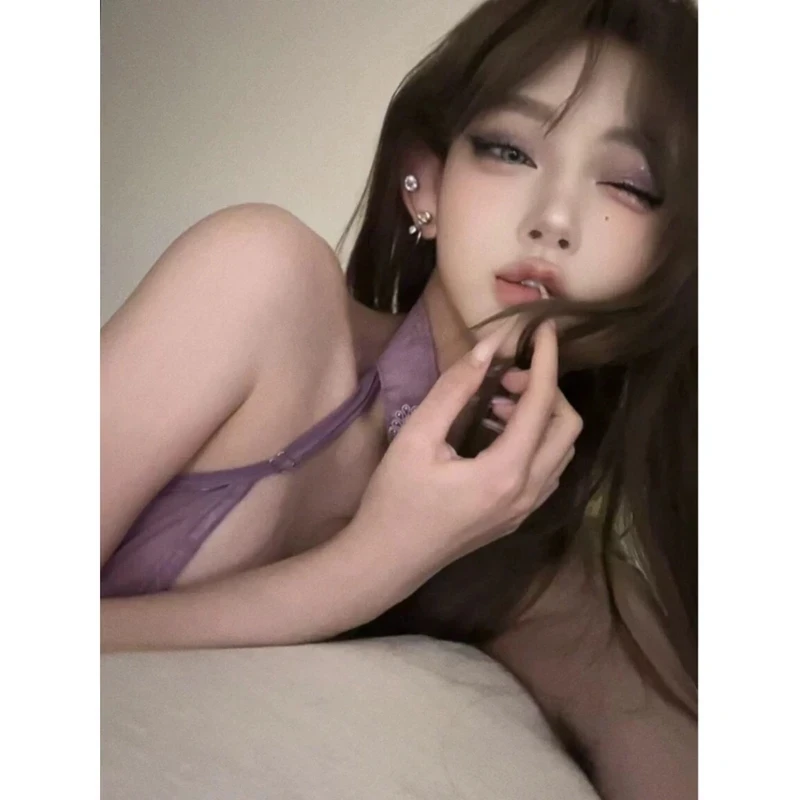38好物韵味紫新中式复古盘扣V领纯欲挂脖女人味网纱紫色睡衣超短