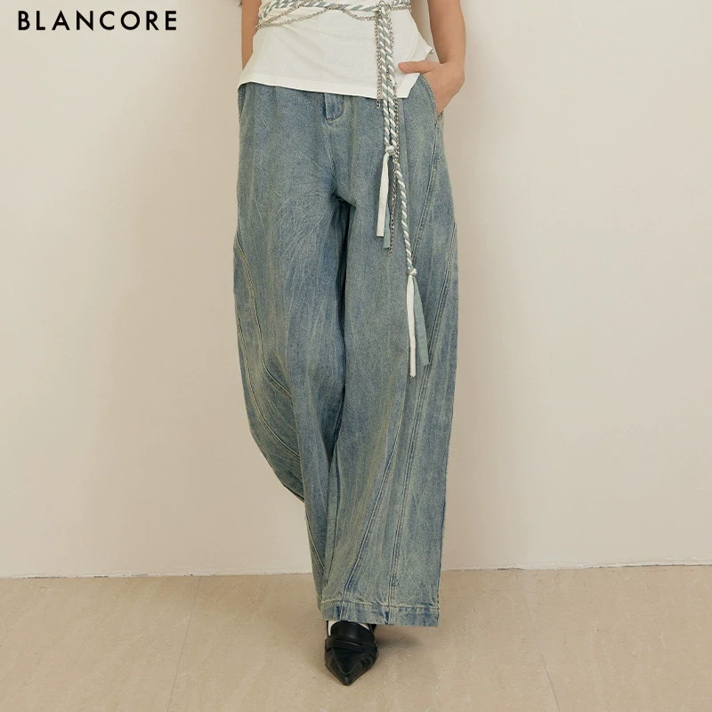 【设计师品牌BLANCORE】2025夏季新款斜分割双腰头牛仔工装弯刀裤