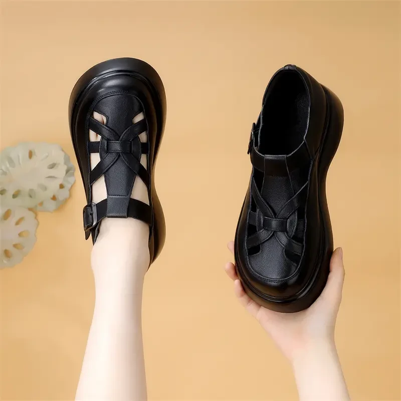 小个子增高包头凉鞋女厚底罗马凉鞋子夏季薄款镂空复古松糕猪笼鞋