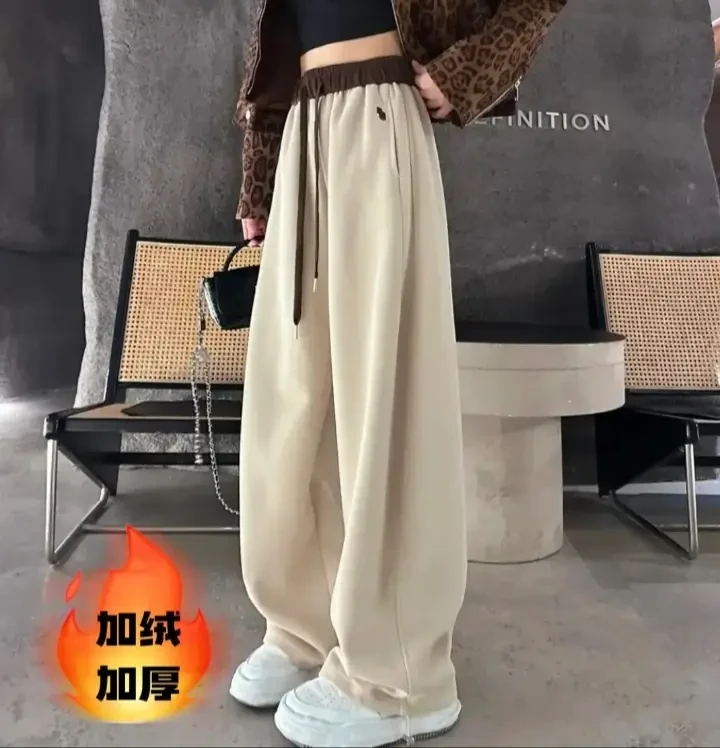韩系加绒弯刀裤阔腿裤秋冬加厚高腰宽松拼色休闲慵懒风