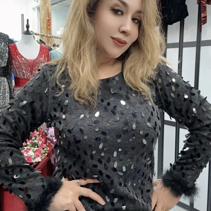 【Gulumbar】显瘦百搭毛毛袖闪闪时尚上衣聚会必备外贸长款