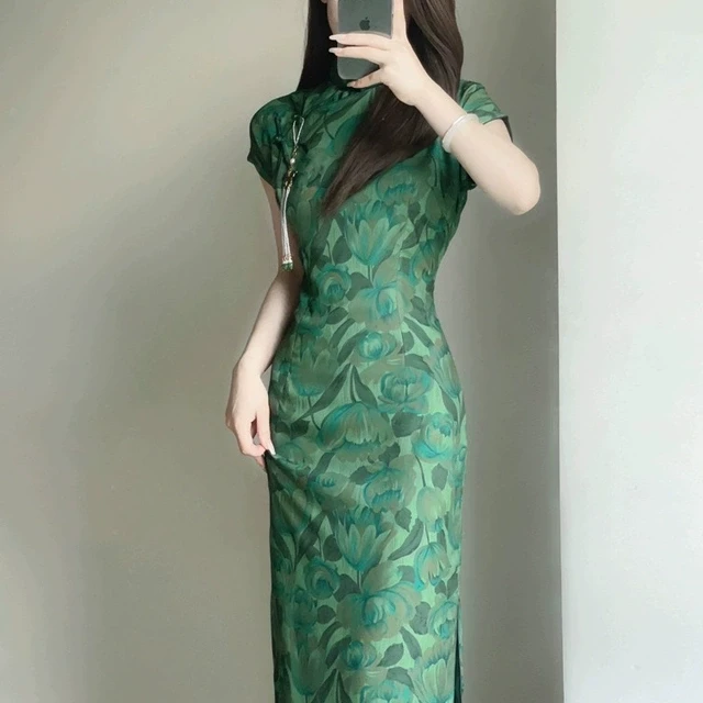 改良印花旗袍年轻款少女复古民国风气质高贵收腰长款老上海连衣裙