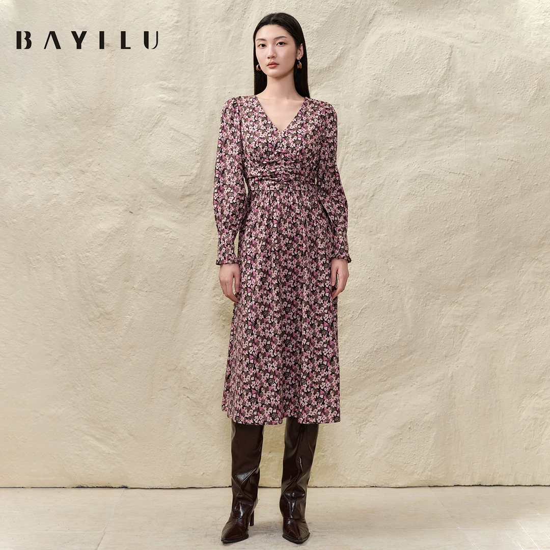 【尚雅】芭依璐2025春季连衣裙女法式碎花V领中长裙子91L7957