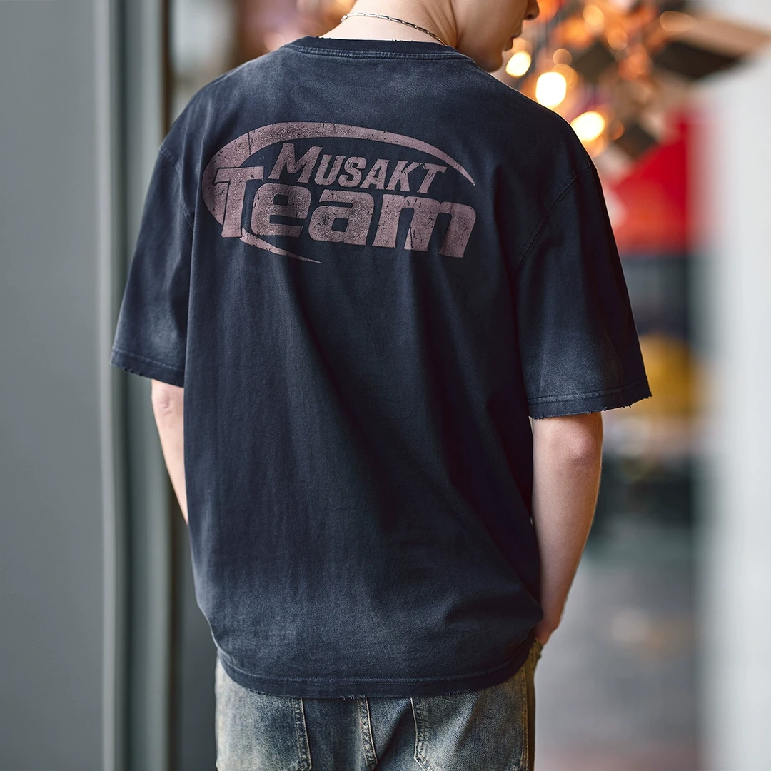 格蓝鹿美式重磅复古渐变印花男士短袖t恤春夏季宽松磨烂圆领体恤