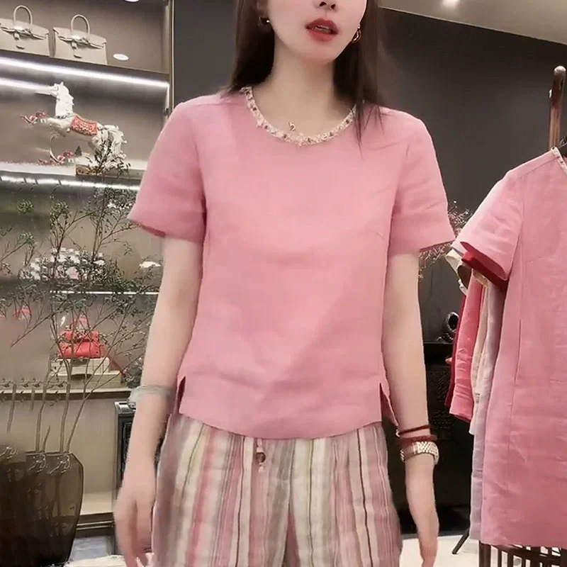 重工镶钻粉色t恤女2025夏季时尚显瘦洋气减龄高级感气质短袖上衣