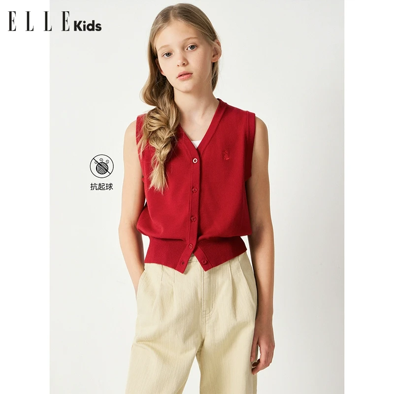 ELLE KIDS学院风春款复古V领刺绣宽松毛衣马甲C2