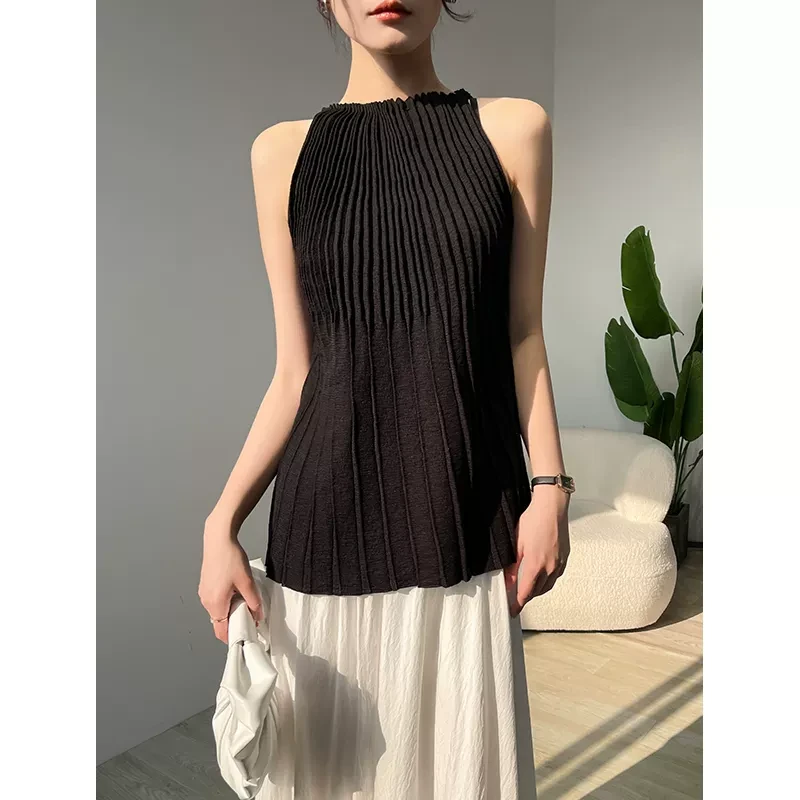 黑色挂脖吊带背心女内搭夏季针织百搭褶皱遮副乳无袖外穿打底上衣