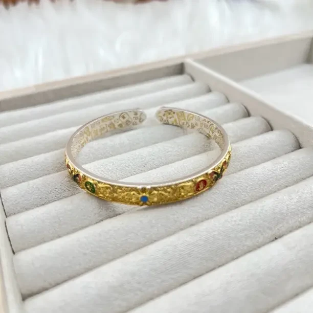 足银999珐琅彩猫金花平安喜乐开口手镯