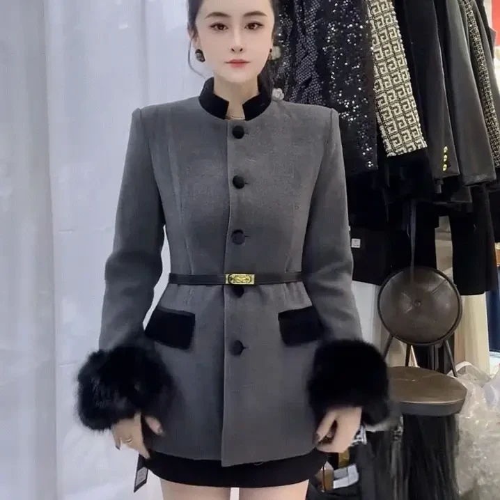 欧洲站秋冬季新款时尚显瘦洋气拼接毛呢毛毛袖口外套上衣潮流女装